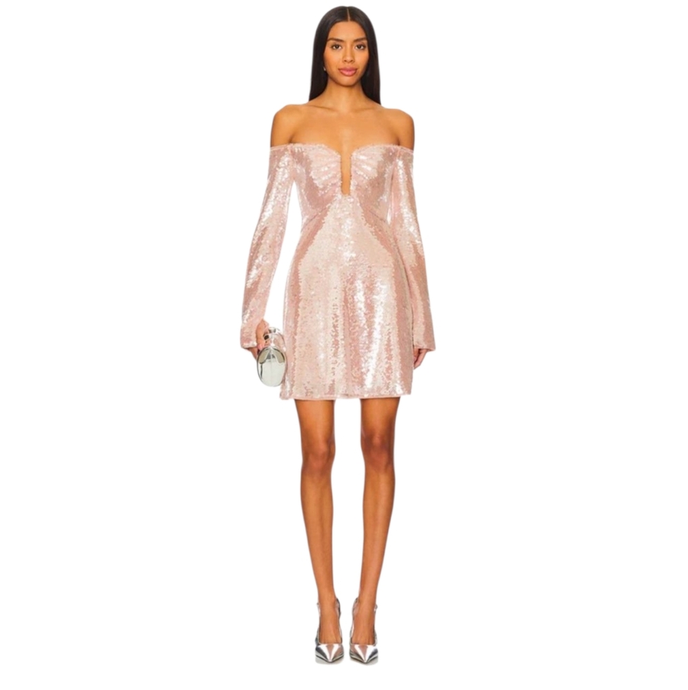 NEW Self Portrait Off The‎ Shoulder Sequin Mini Dress Beige Size 2 - Picture 2 of 13